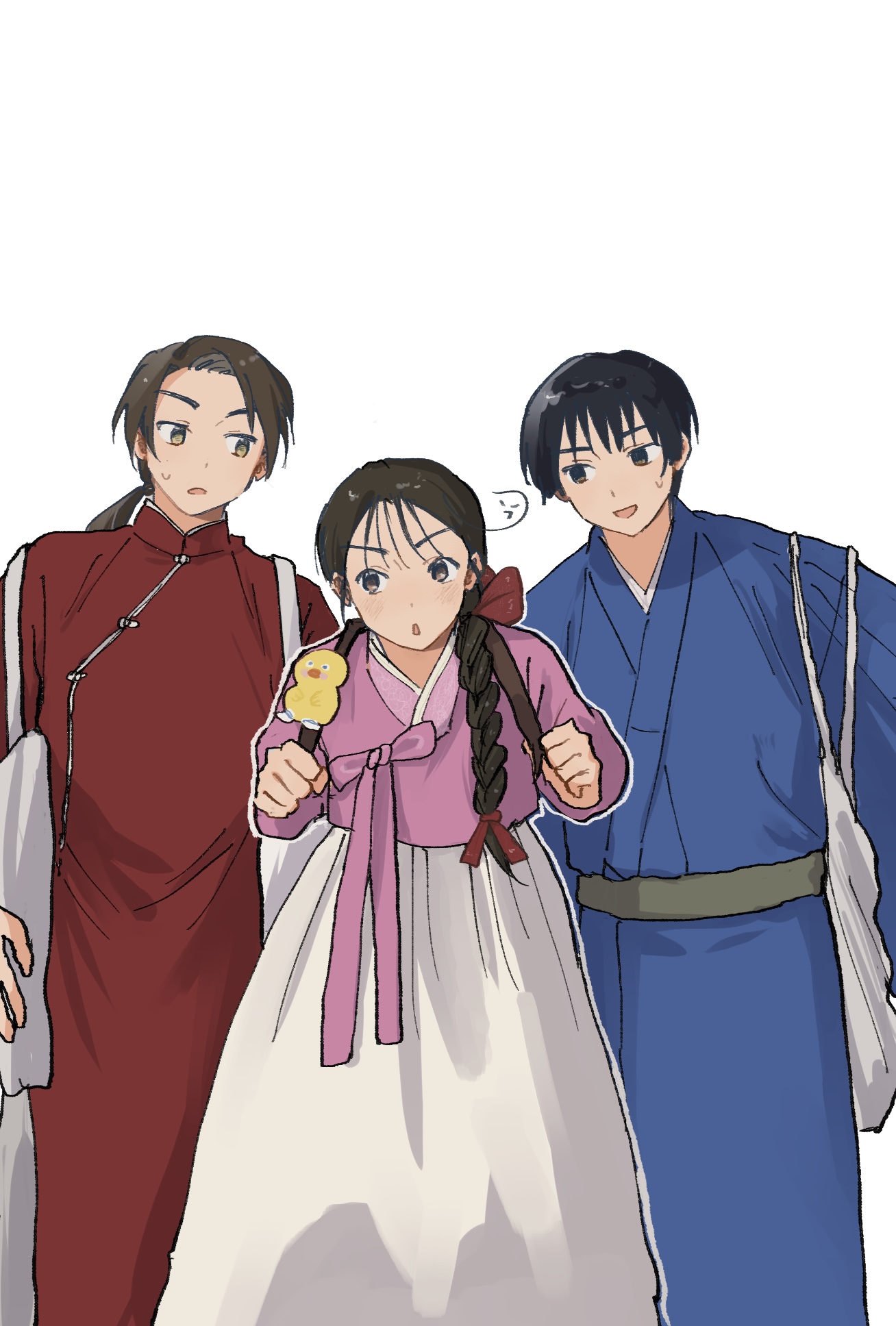 itohen 1106, china (hetalia), japan (hetalia), korea (female) (hetalia), korea (hetalia), axis powers hetalia, commentary request, highres, 1girl, 2boys, ahoge, belt, black eyes, black hair, blue kimono, blunt ends, blush, bow, braid, brown eyes, brown hair, changpao, chinese clothes, clenched hands, cowboy shot, genderswap, genderswap (mtf), grey belt, hair bow, hanbok, hands up, japanese clothes, kimono, korean clothes, long hair, long sleeves, looking at another, low-braided long hair, low-tied long hair, low ponytail, mandarin collar, multiple boys, open mouth, pants, pink bow, pink vest, ponytail, puffy long sleeves, puffy sleeves, red bow, red shirt, shirt, short hair, simple background, single braid, smile, standing, sweatdrop, vest, white background, white hanbok, white pants, wide sleeves