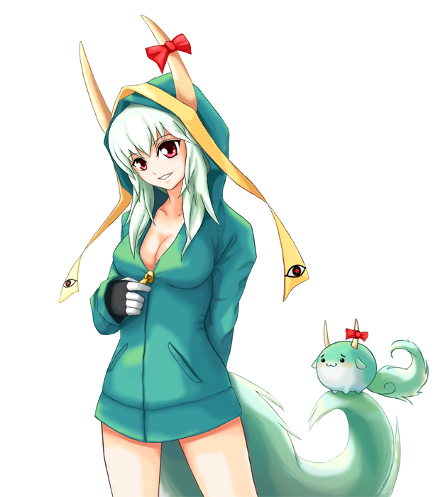 kin'iro sakana-kan, ex-keine, kamishirasawa keine, kamishirasawa keine (hakutaku), sukusuku hakutaku, touhou, 1girl, :3, alternate costume, breasts, cleavage, contemporary, dual persona, female focus, green hair, hood, hoodie, horn ornament, horn ribbon, horns, jacket, red eyes, ribbon, solo, tail