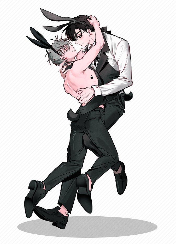 capybara roll, ivan (alien stage), till (alien stage), alien stage, commentary, 2boys, animal ear hairband, animal ears, black eyes, black hair, black pants, black shoes, black vest, fake animal ears, fang, grey hair, hairband, male focus, multiple boys, official alternate costume, pants, rabbit ears, rabbit tattoo, shirt, shoes, short hair, skin fang, tail, tattoo, very short hair, vest, white shirt, yaoi