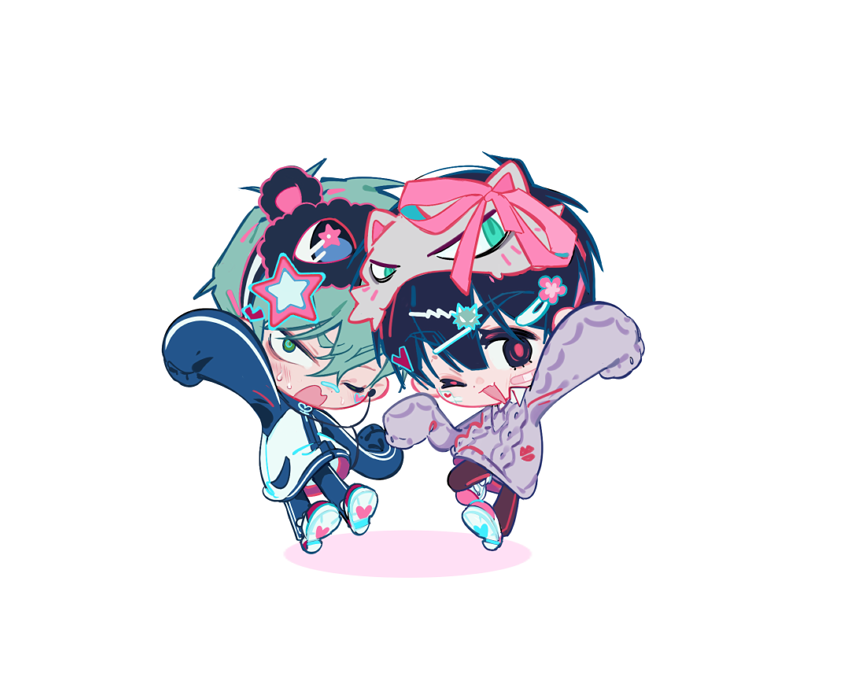 capybara roll, ivan (alien stage), till (alien stage), alien stage, commentary, 2boys, ;d, arm up, black eyes, black hair, black mask, blue jacket, blue pants, blue track suit, chibi, chibi only, eye mask, fang, green eyes, grey hair, grey sweater, jacket, male focus, mask, mask on head, multiple boys, one eye closed, open mouth, pants, short hair, skin fang, smile, star (symbol), sweater, track suit, white mask