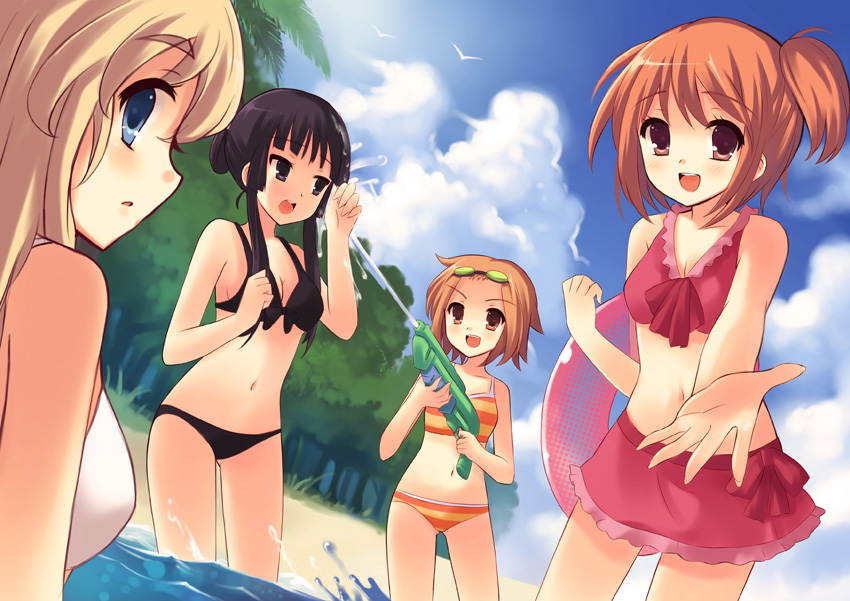peach88, akiyama mio, hirasawa yui, kotobuki tsumugi, tainaka ritsu, k-on!, bad id, bad pixiv id, 00s, 4girls, beach, bikini, bikini skirt, black hair, blonde hair, brown hair, cloud, day, frills, goggles, ho-kago tea time, innertube, multiple girls, open mouth, outdoors, red hair, round teeth, skirt, sky, smile, swim ring, swimsuit, teeth, tree, water, water gun