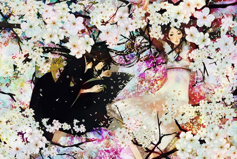 shigureteki, original, 2girls, black hair, cherry blossoms, closed eyes, japanese clothes, long hair, lying, multiple girls, on side, petals