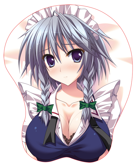 ruton-niki, izayoi sakuya, touhou, silver hair, 1girl, blue eyes, blush, braid, breast mousepad, breast padding, breasts, cleavage, female focus, large breasts, mousepad (medium), pun, short hair, solo, twin braids