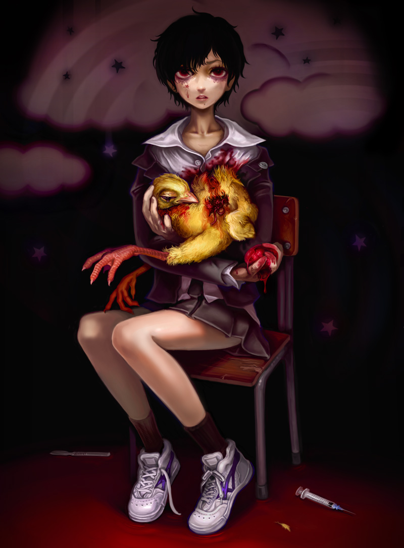 yukaman, bird, black hair, blood, chair, chicken, guro, heart, looking at viewer, red eyes, scalpel, sitting, skirt, syringe