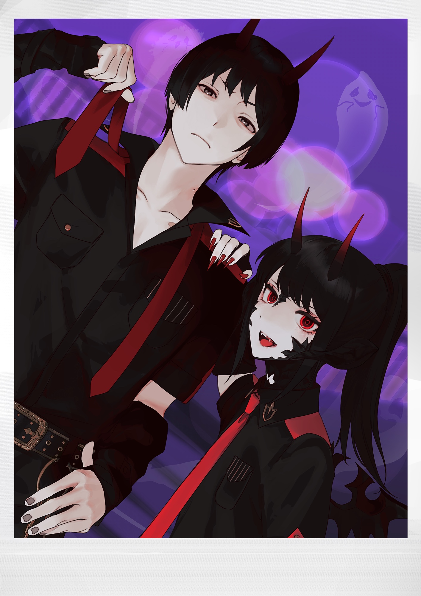 nozouko, asahi sas brutus, warrior of light (ff14), final fantasy, final fantasy xiv, commission, commissioner upload, highres, skeb commission, 1boy, 1other, arm warmers, au ra, belt, bite mark, bite mark on neck, black arm warmers, black hair, black scales, blood, blood on teeth, demon horns, dragon horns, halloween, hand on another's shoulder, high ponytail, horns, hyur, long hair, looking at viewer, nail polish, necktie, open mouth, ponytail, red eyes, scales, sharp teeth, short hair, simple background, smile, teeth