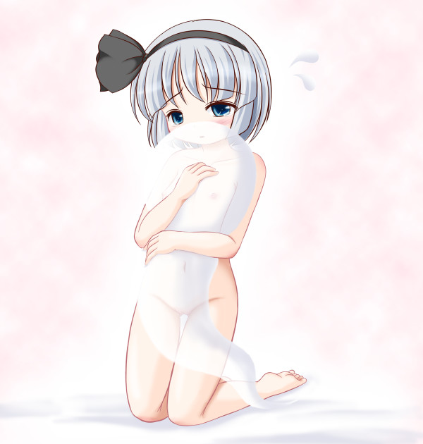 riku (rikkuru), konpaku youmu, konpaku youmu (ghost), touhou, silver hair, 1girl, barefoot, blue eyes, blush, female focus, flat chest, ghost, hairband, hitodama, hug, kneeling, loli, navel, nipples, nude, short hair, solo, thigh gap, transparent
