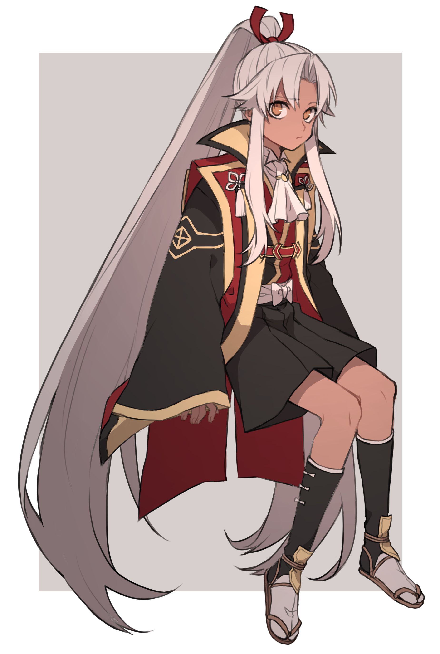 tofu (bean359), amakusa shirou (fate), amakusa shirou (third ascension) (fate), fate/apocrypha, fate (series), absurdres, commentary request, highres, 1boy, aged down, black coat, black shorts, brown eyes, coat, dark-skinned male, dark skin, grey socks, high ponytail, invisible chair, long hair, male focus, ponytail, sandals, shorts, sidelocks, sitting, socks, solo, very long hair, white hair, wide sleeves