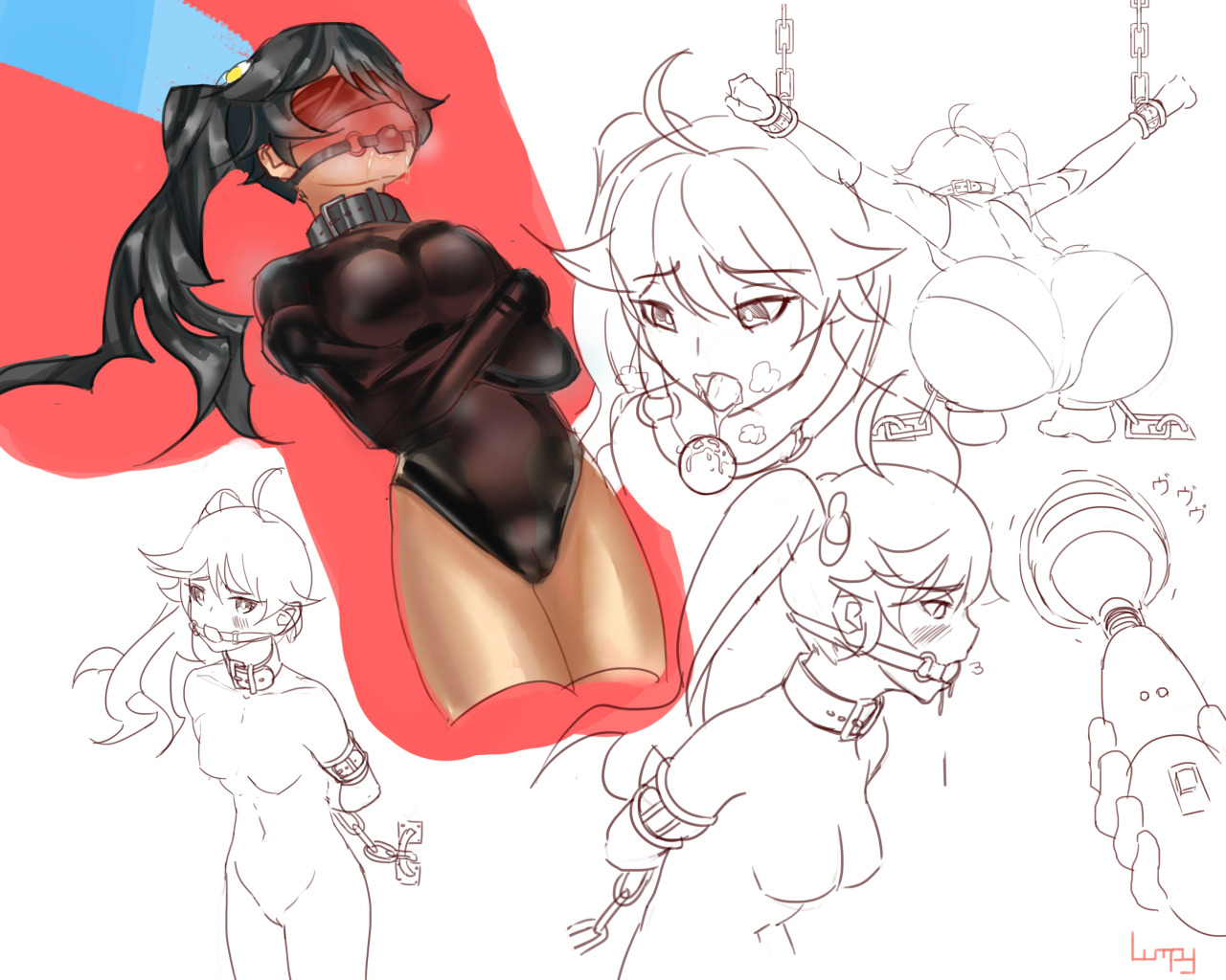 lumpychan, araragi karen, monogatari (series), aroused, ass, ball, ball gag, bdsm, bondage, bound, chain, chained, chained legs, chained wrists, collar, gag, gagged, heavy breathing, sex toy, straitjacket, vibrator