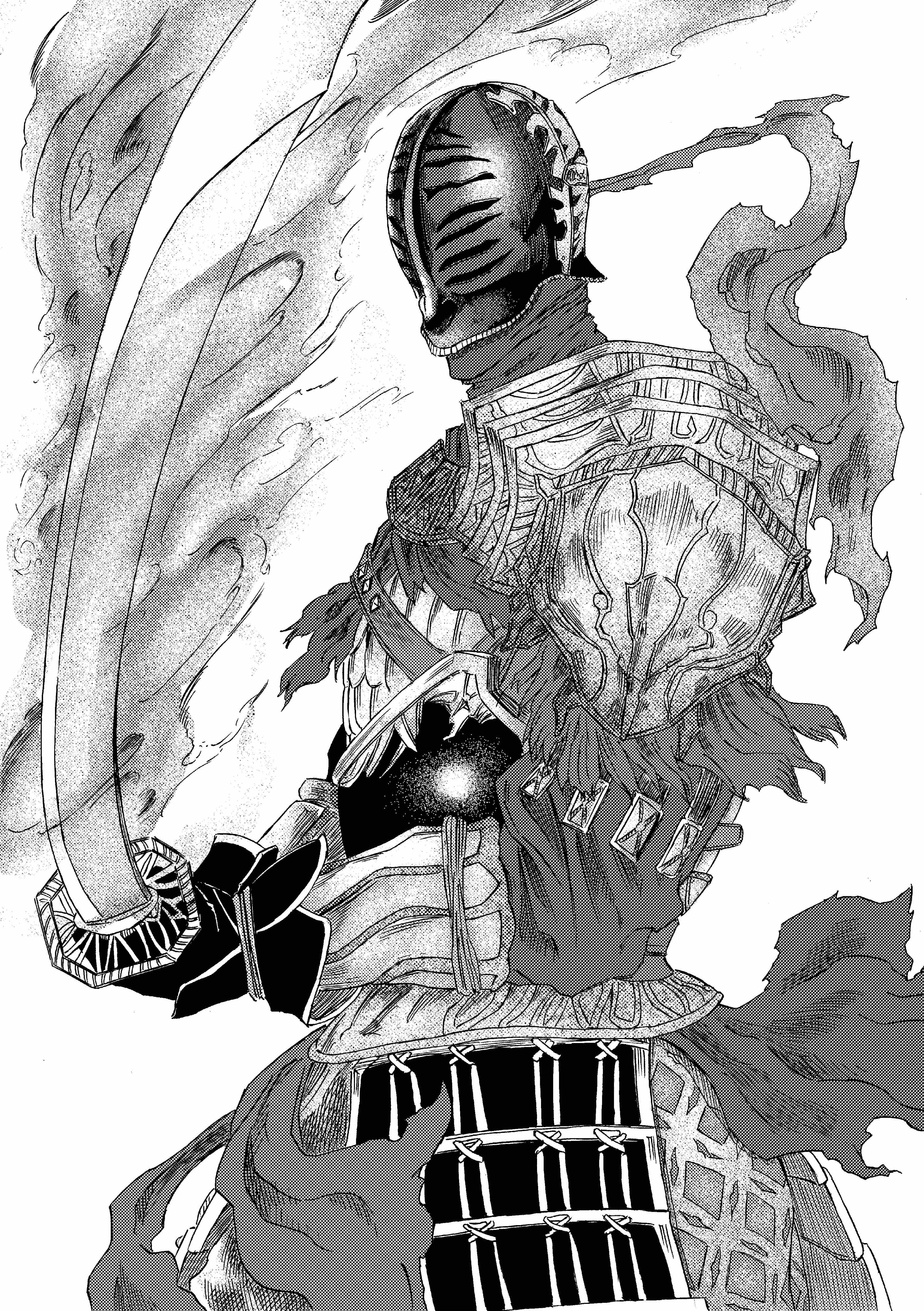 913kousatu, dark souls (series), dark souls ii, absurdres, commentary request, highres, 1boy, armor, breastplate, cowboy shot, faulds, fire, flaming sword, flaming weapon, greyscale, helm, helmet, holding, holding sword, holding weapon, katana, knight, male focus, monochrome, pauldrons, shoulder armor, simple background, sir alonne, solo, sword, weapon