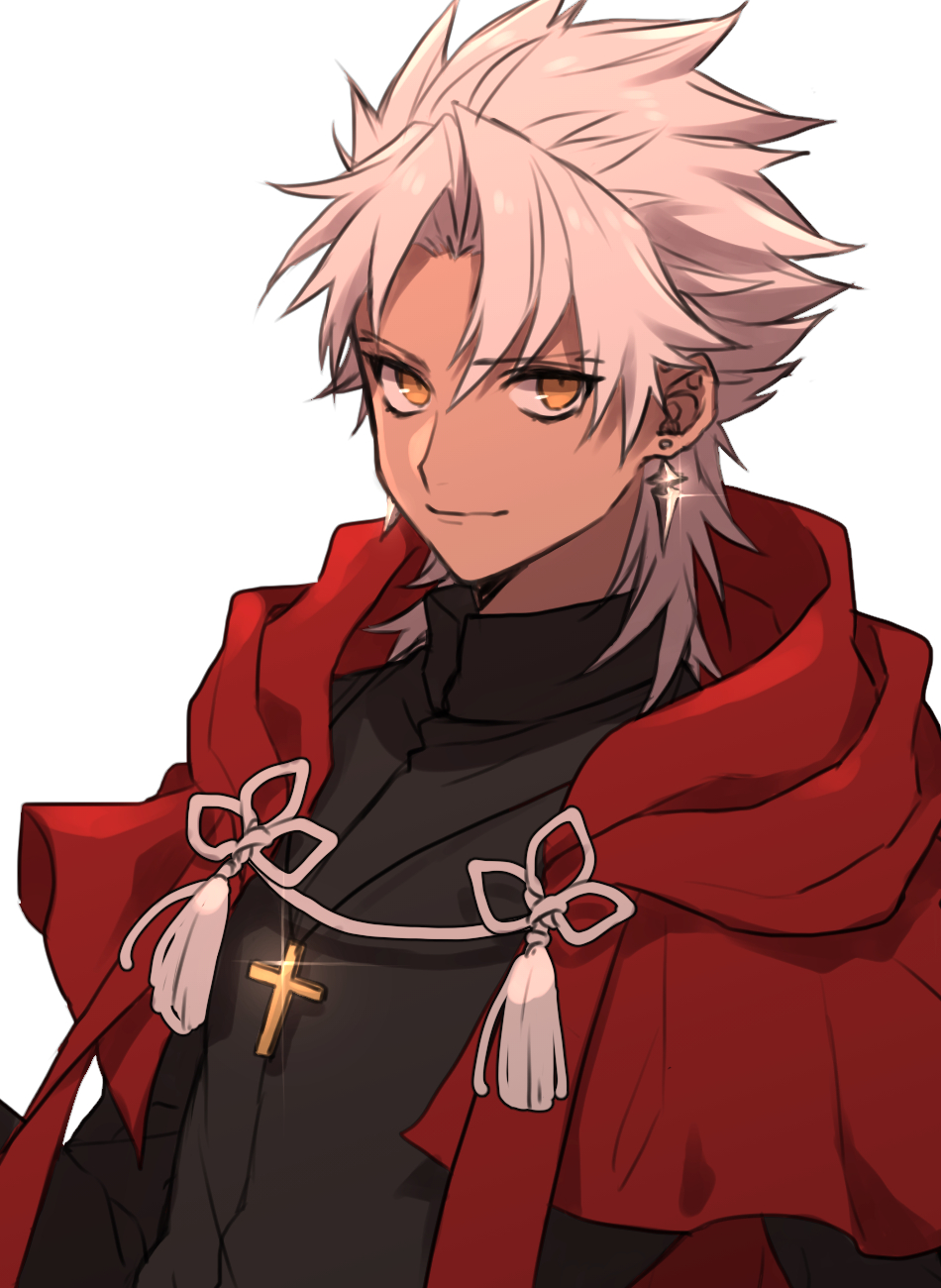 tofu (bean359), amakusa shirou (fate), fate/apocrypha, fate (series), commentary request, highres, 1boy, brown eyes, cape, capelet, cross, cross necklace, dark-skinned male, dark skin, earrings, hood, hooded cape, jewelry, male focus, necklace, red capelet, smile, solo, tassel, upper body, white hair
