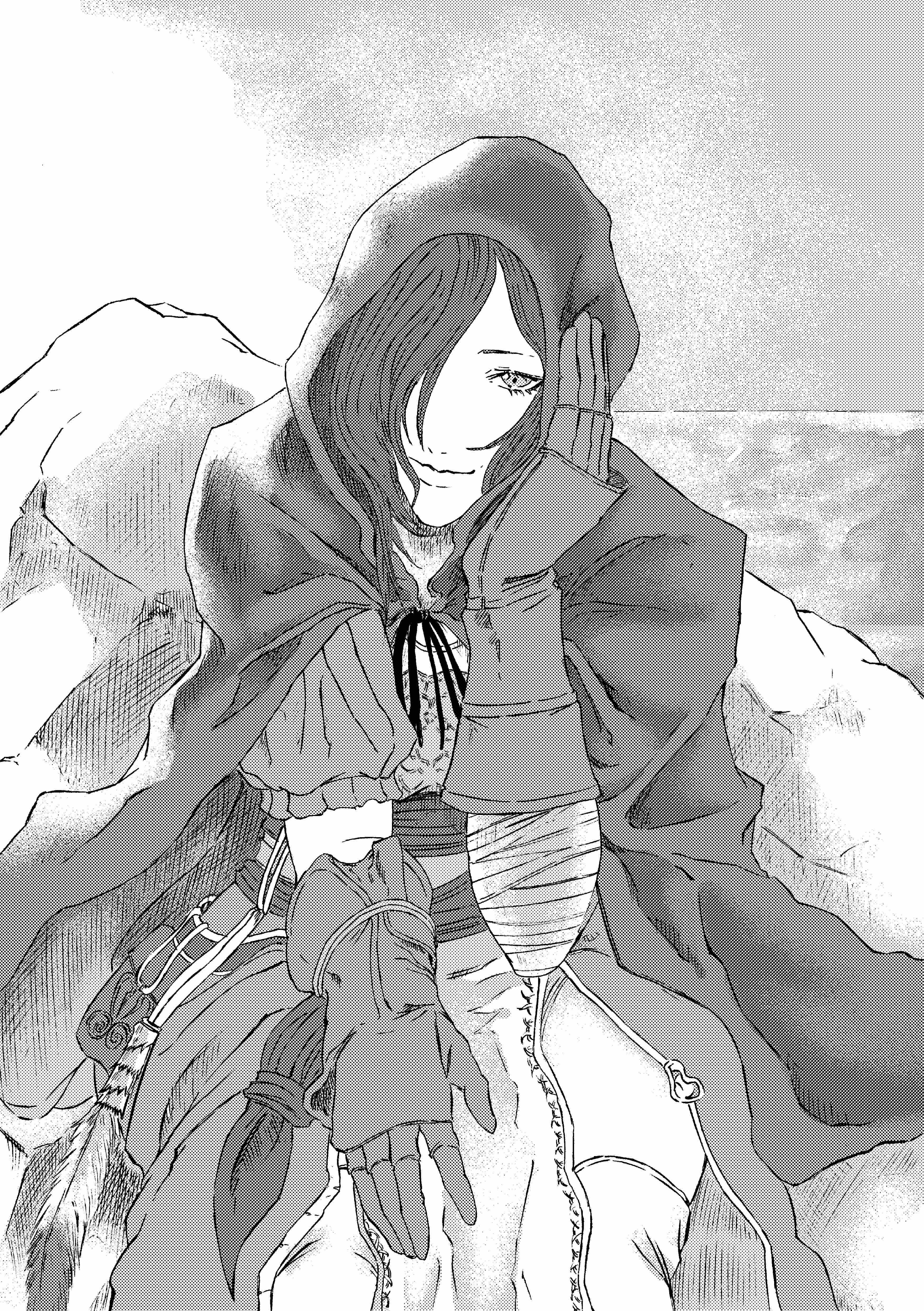 913kousatu, emerald herald, dark souls (series), dark souls ii, absurdres, commentary request, highres, 1girl, cape, closed mouth, cowboy shot, dress, gloves, greyscale, hair over one eye, hand on own cheek, hand on own face, hood, hood up, hooded cape, horizon, leaning forward, long bangs, looking at viewer, monochrome, ocean, outdoors, short hair, smile, solo