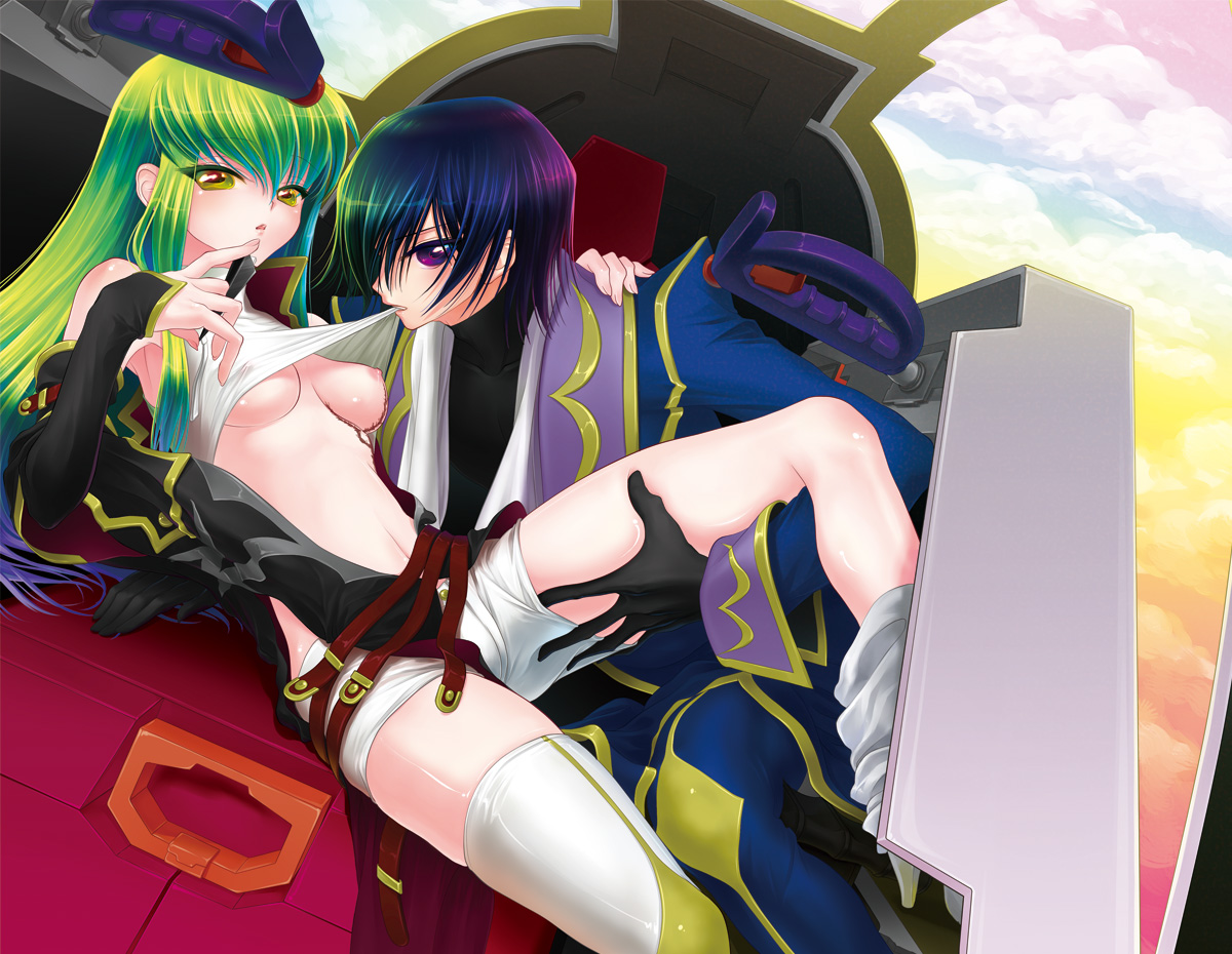 minami (apricot tea), c.c., lelouch vi britannia, zero (code geass), code geass, bad id, bad pixiv id, 00s, 1boy, 1girl, biting, breasts, clothes lift, clothes pull, covered erect nipples, green eyes, green hair, long hair, medium breasts, nipples, open clothes, purple eyes, purple hair, scar, shirt lift, shirt pull, shorts, thighhighs