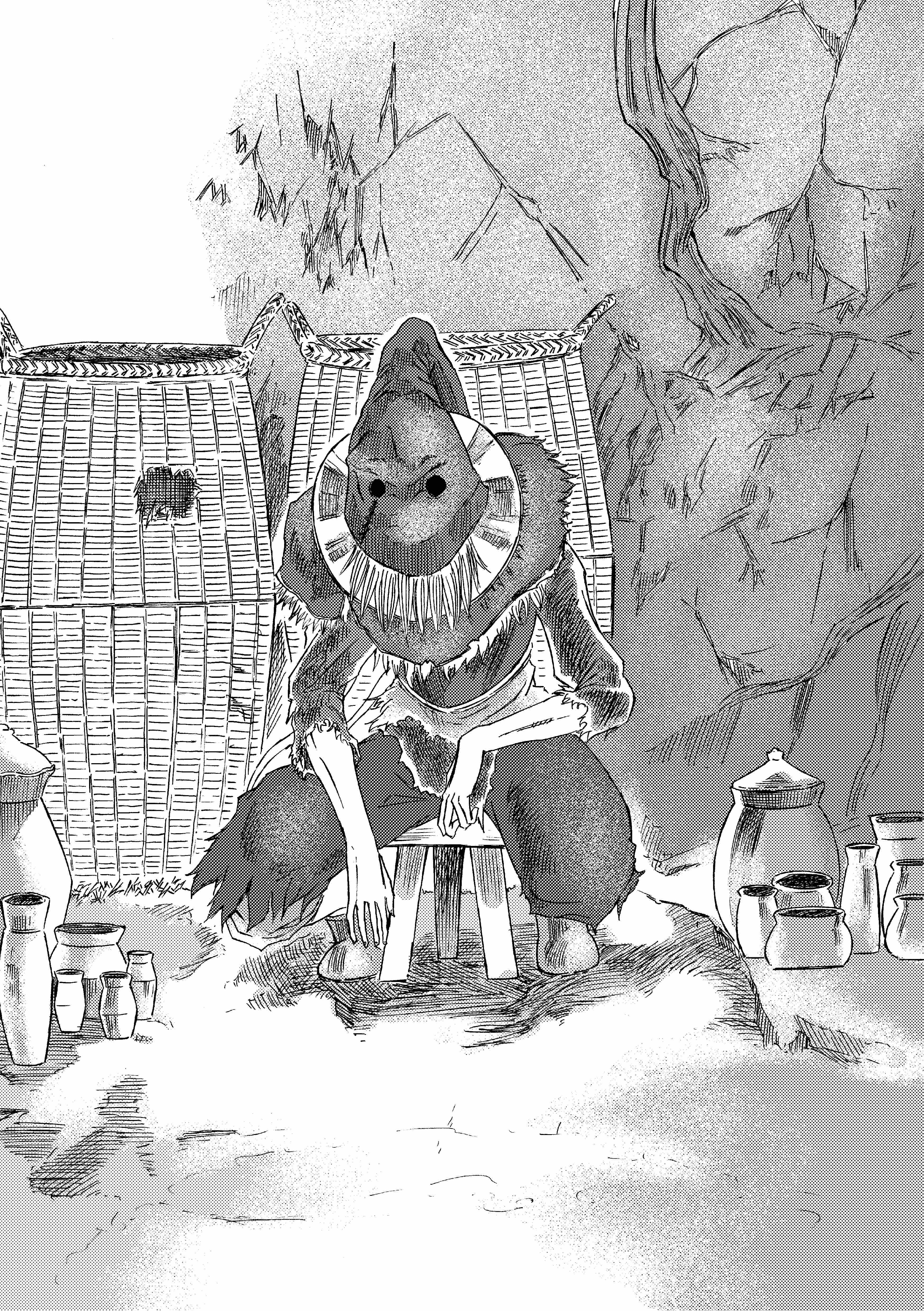 913kousatu, greirat of the undead settlement, dark souls (series), dark souls iii, absurdres, commentary request, highres, 1boy, boots, full body, greyscale, looking at viewer, male focus, monochrome, pants, sitting, solo, stool, wicker basket