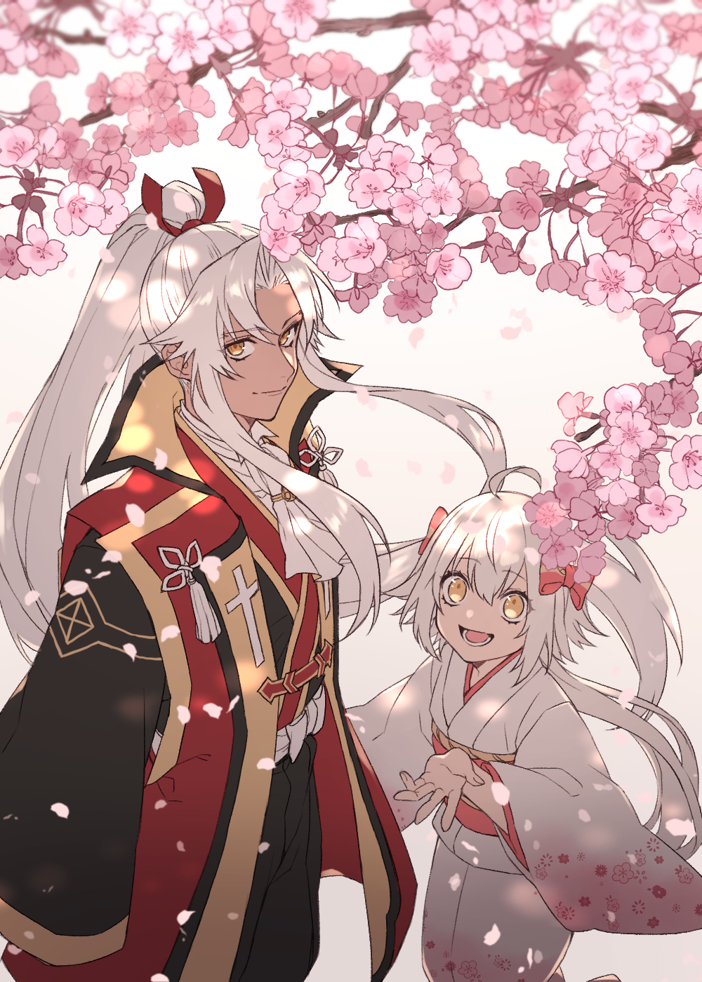 tofu (bean359), amakusa shirou (fate), amakusa shirou (third ascension) (fate), jeanne d'arc alter santa lily (fate), fate/grand order, fate (series), commentary request, highres, 1boy, 1girl, ahoge, alternate costume, bow, cherry blossoms, dark-skinned male, dark skin, falling petals, hair bow, high ponytail, japanese clothes, kimono, long hair, open mouth, petals, ponytail, red bow, short hair with long locks, sidelocks, smile, white hair, white kimono, wide sleeves, yellow eyes