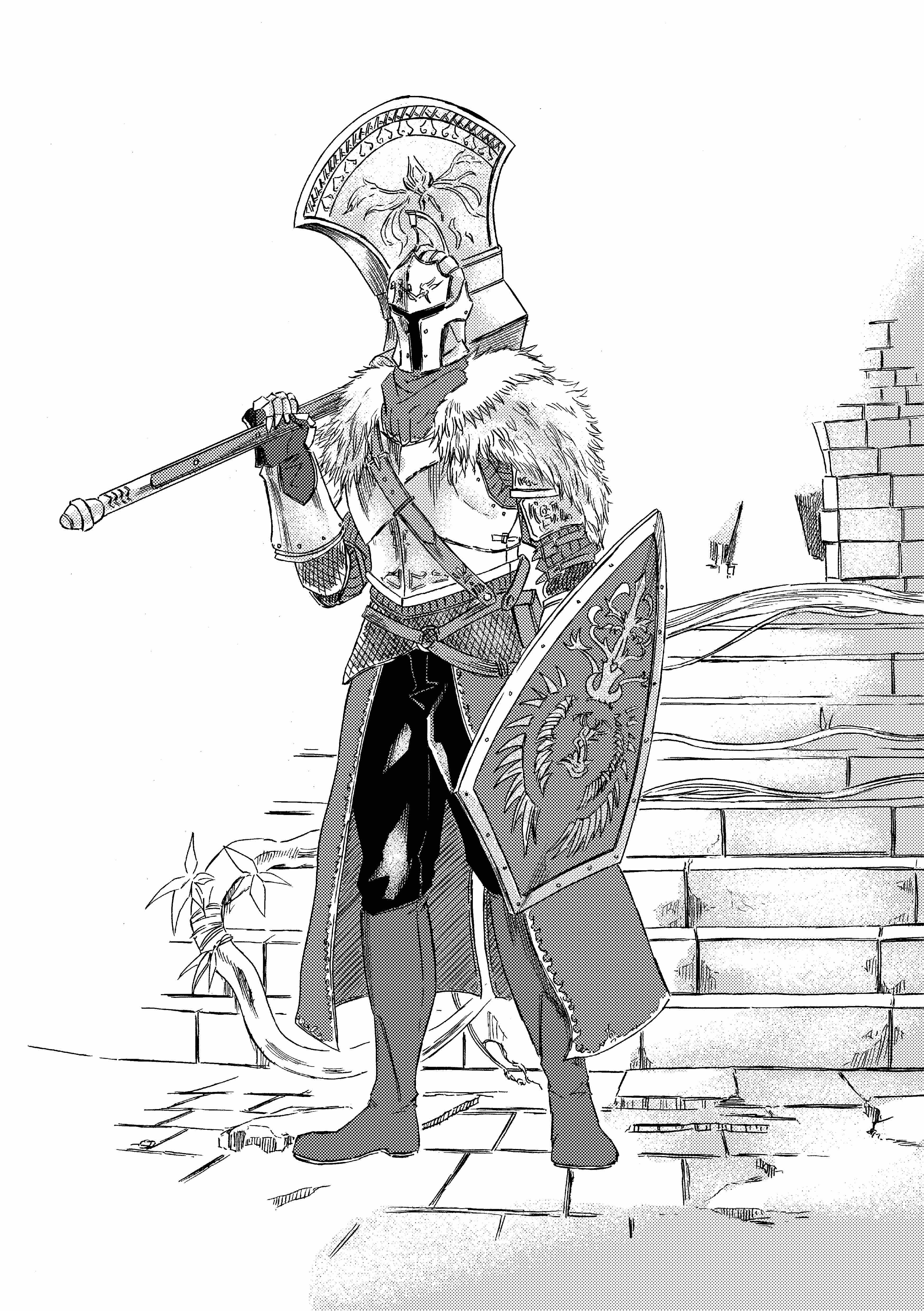 913kousatu, dark souls (series), dark souls iii, absurdres, commentary request, highres, 1boy, armor, axe, boots, breastplate, full body, fur collar, gauntlets, greyscale, helm, helmet, holding, holding axe, holding shield, knight, lion knight albert, male focus, monochrome, shield, solo, standing