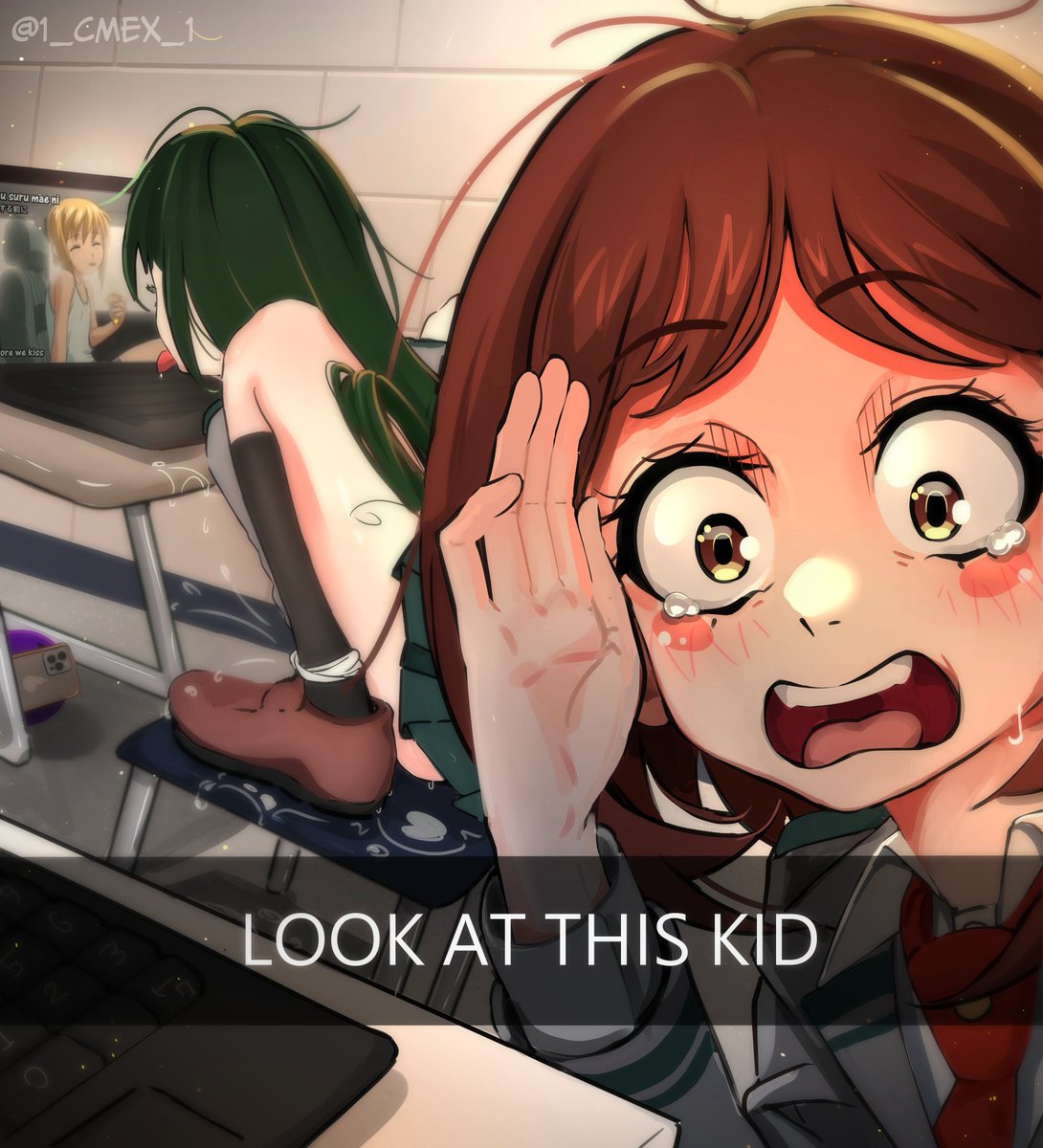 1 cmex 1, asui tsuyu, uraraka ochako, boku no hero academia, boku no pico, hashtag-only commentary, highres, 1boy, 2girls, artist name, black socks, blush, blush stickers, brown eyes, brown hair, brown shoes, cellphone, computer, english text, green hair, implied masturbation, kneehighs, laptop, long hair, looking at viewer, medium hair, multiple girls, open mouth, phone, pussy juice, shoes, smartphone, socks, squatting, tareme, tearing up, teeth, tongue, tongue out, twitter username, upper teeth only