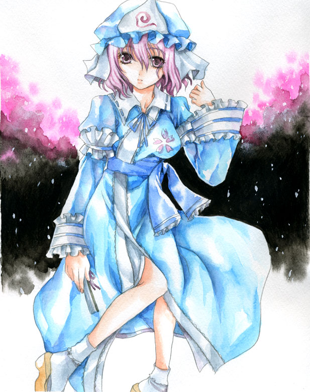 fragran0live, saigyouji yuyuko, touhou, painting (medium), traditional media, watercolor (medium), 1girl, clog sandals, female focus, hand fan, hat, holding, holding fan, mob cap, okobo, pink eyes, pink hair, platform sandals, sandals, short hair, solo