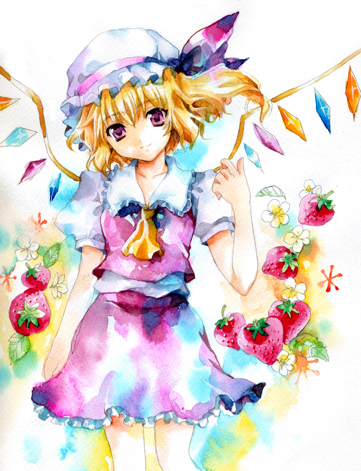fragran0live, flandre scarlet, touhou, painting (medium), traditional media, watercolor (medium), 1girl, blonde hair, colorful, female focus, food, fruit, hat, head tilt, looking at viewer, ponytail, red eyes, short hair, side ponytail, smile, solo, strawberry, wings