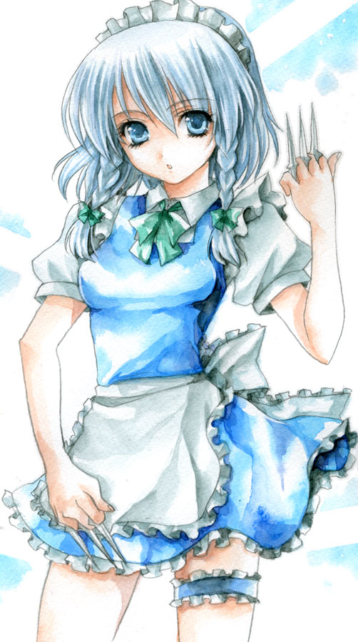 fragran0live, izayoi sakuya, touhou, silver hair, painting (medium), traditional media, watercolor (medium), 1girl, blue eyes, braid, female focus, maid, solo
