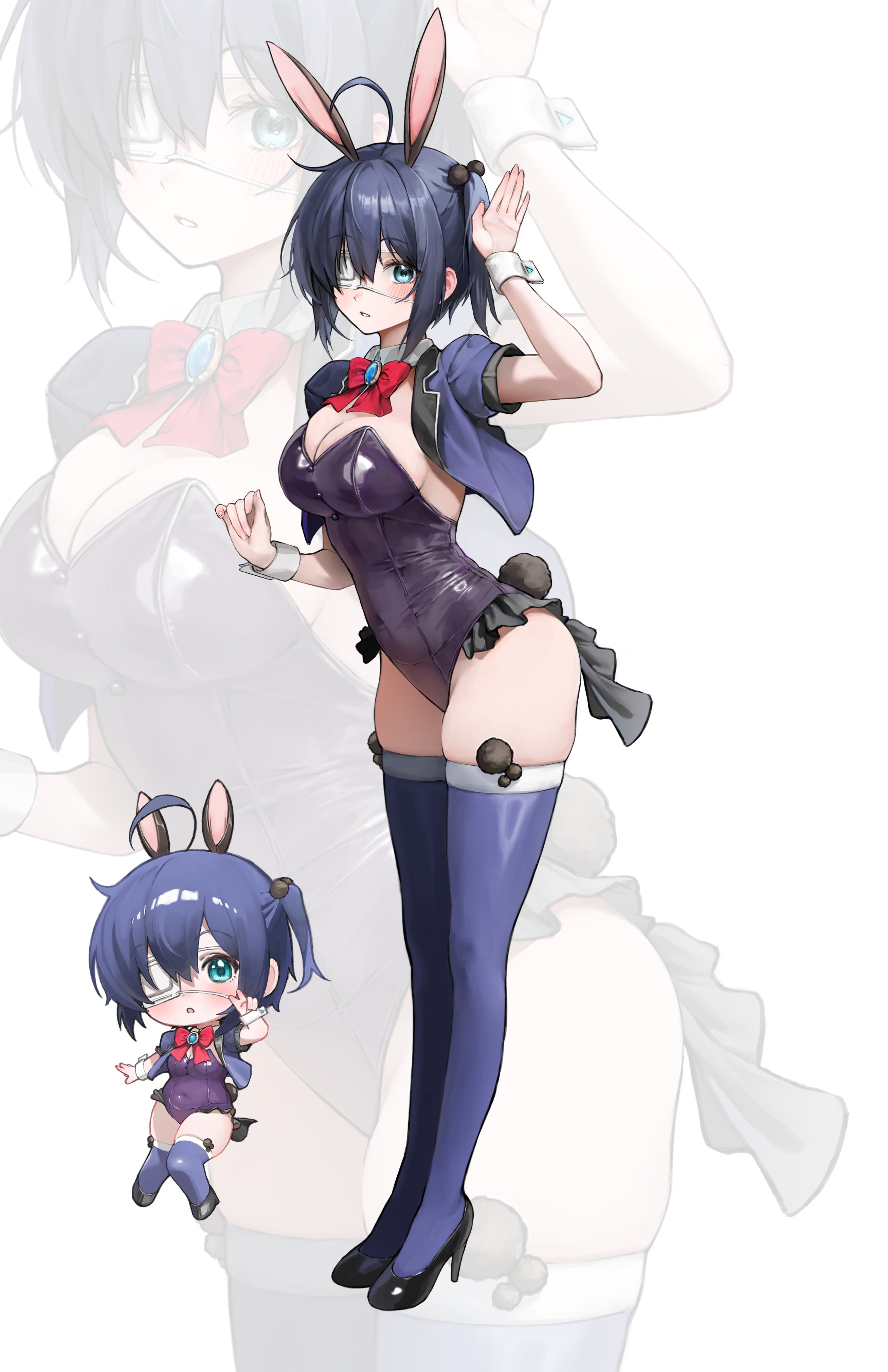 gunu (nyzn3223), takanashi rikka, chuunibyou demo koi ga shitai!, absurdres, highres, 1girl, ahoge, animal ears, black leotard, black shoes, blue eyes, blue hair, blue jacket, blue thighhighs, blush, bow, breasts, chibi, chibi inset, covered navel, detached collar, eyepatch, fur-trimmed thighhighs, fur trim, hair between eyes, hair ornament, high heels, jacket, leotard, looking at viewer, medical eyepatch, medium breasts, playboy bunny, pom pom (clothes), pom pom hair ornament, rabbit ears, rabbit tail, red bow, shoes, short hair, solo, standing, strapless, strapless leotard, tail, thighhighs, white background, wrist cuffs, zoom layer