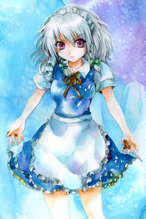 fragran0live, izayoi sakuya, touhou, silver hair, painting (medium), traditional media, watercolor (medium), 1girl, braid, female focus, maid, red eyes, solo