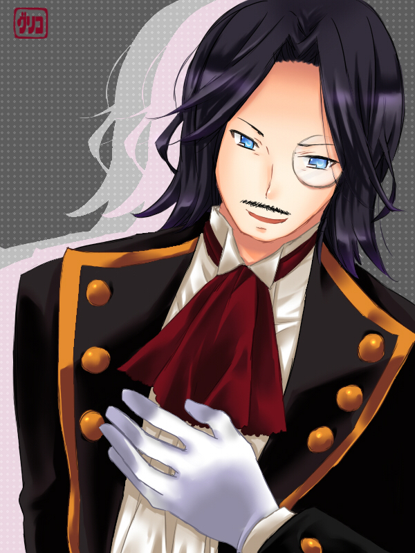 pengin guriko, ronove (umineko), umineko no naku koro ni, 00s, 1boy, black hair, blue eyes, facial hair, male focus, monocle, mustache, solo