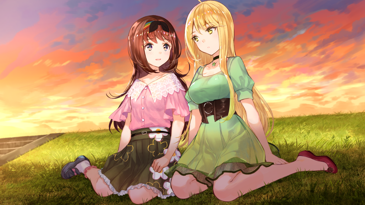fuzichoco, otori ai, tachibana nana, yumeutsutsu re:master, game cg, non-web source, official art, 2girls, :d, ahoge, black choker, black headband, blonde hair, bow, breasts, brown hair, choker, closed mouth, collarbone, dress, eye contact, flats, footwear bow, frilled skirt, frills, green dress, green eyes, green skirt, grey eyes, grey shoes, headband, jewelry, large breasts, loafers, long hair, looking at another, medium dress, medium skirt, multiple girls, necklace, on grass, on ground, open mouth, outdoors, parted lips, pink bow, pink shirt, pleated skirt, puffy short sleeves, puffy sleeves, red shoes, shirt, shoes, short sleeves, sitting, skirt, small breasts, smile, split mouth, sunset, very long hair, wariza