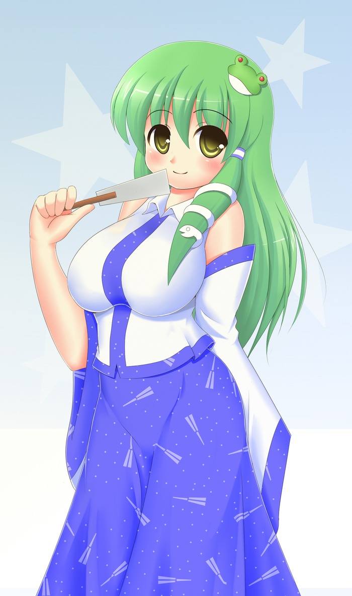 kyokutou hentai samurai, kochiya sanae, touhou, bad id, bad pixiv id, 1girl, blush, breasts, curvy, detached sleeves, dress, female focus, frog, green eyes, green hair, hair ornament, large breasts, long hair, matching hair/eyes, smile, snake, solo