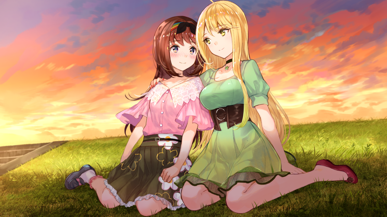 fuzichoco, otori ai, tachibana nana, yumeutsutsu re:master, game cg, non-web source, official art, 2girls, ahoge, black choker, black headband, blonde hair, blush, bow, breasts, brown hair, choker, closed mouth, collarbone, dress, eye contact, flats, footwear bow, frilled skirt, frills, green dress, green eyes, green skirt, grey eyes, grey shoes, headband, jewelry, large breasts, loafers, long hair, looking at another, medium dress, medium skirt, multiple girls, necklace, nose blush, on grass, on ground, outdoors, pink bow, pink shirt, pleated skirt, puffy short sleeves, puffy sleeves, red shoes, shirt, shoes, short sleeves, sitting, skirt, small breasts, smile, split mouth, sunset, very long hair, wariza, yuri