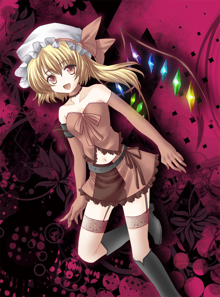 fragran0live, flandre scarlet, touhou, 1girl, alternate costume, bare shoulders, belt, blonde hair, boots, corset, elbow gloves, fang, female focus, garter straps, gloves, hat, looking at viewer, navel, open mouth, red eyes, side ponytail, skirt, smile, solo, thighhighs, wings