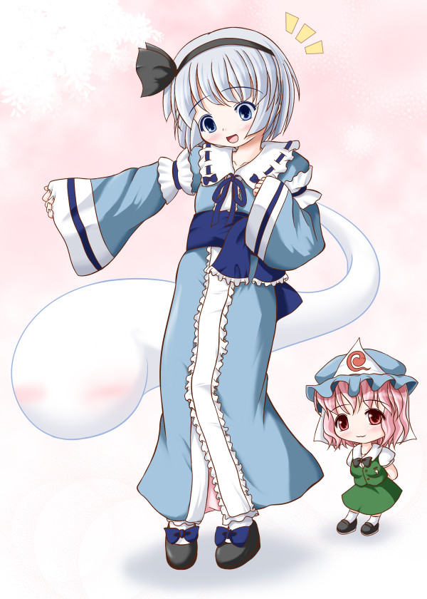 riku (rikkuru), konpaku youmu, konpaku youmu (ghost), saigyouji yuyuko, touhou, silver hair, 2girls, blue eyes, chibi, cosplay, costume switch, female focus, ghost, hairband, hat, hitodama, konpaku youmu (cosplay), multiple girls, pink hair, red eyes, saigyouji yuyuko (cosplay), short hair