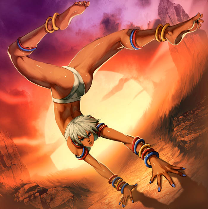 genzoman, elena (street fighter), capcom, street fighter, street fighter iii (series), 1girl, anklet, ass, barefoot, bikini, capoeira, dark-skinned female, dark skin, dutch angle, feet, female focus, handstand, jewelry, legs, neck ring, plantar flexion, short hair, solo, sun, swimsuit, thighs, white hair
