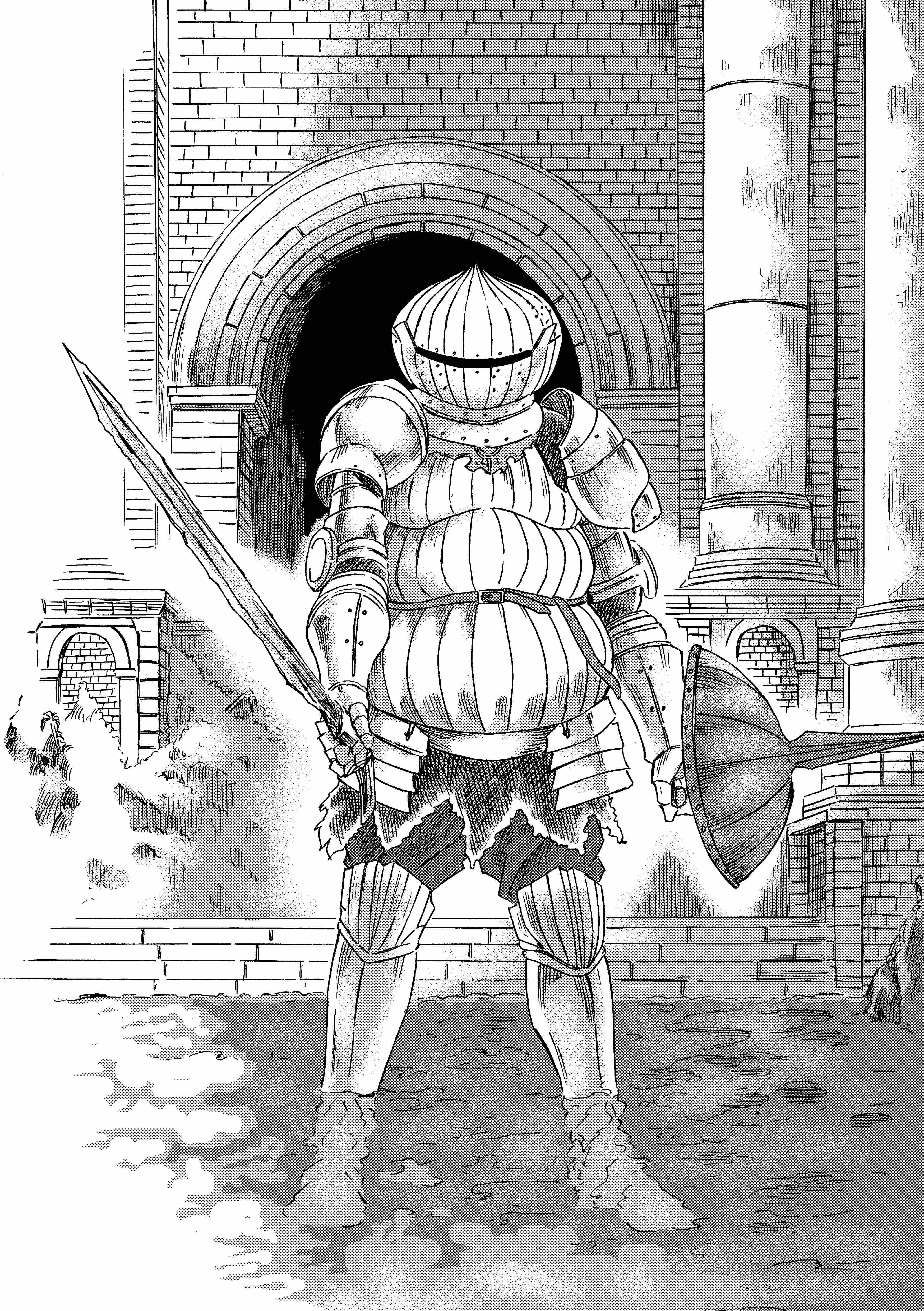 913kousatu, siegward of catarina, dark souls (series), dark souls iii, absurdres, commentary request, highres, 1boy, armor, armored boots, boots, breastplate, brick wall, column, full armor, full body, gauntlets, greyscale, holding, holding shield, holding sword, holding weapon, knight, male focus, monochrome, pauldrons, pillar, shield, shoulder armor, solo, standing, sword, wading, water, weapon