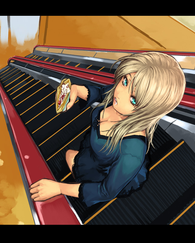 yuuji (and), mustard seeds, original, 1girl, blue eyes, breasts, cleavage, crepe, dress, escalator, female focus, food, food on face, from above, large breasts, letterboxed, long hair, solo