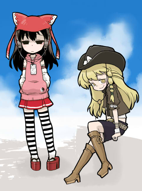 ume (noraneko), hakurei reimu, kirisame marisa, touhou, striped legwear, bad id, bad pixiv id, 2girls, alternate costume, blonde hair, boots, braid, casual, chibi, contemporary, cowboy hat, cowboy western, digital media player, female focus, full body, gradient background, hat, ipod, ipod nano, ipod nano 2g, multiple girls, outdoors, skirt, sky, striped clothes, striped thighhighs, thighhighs