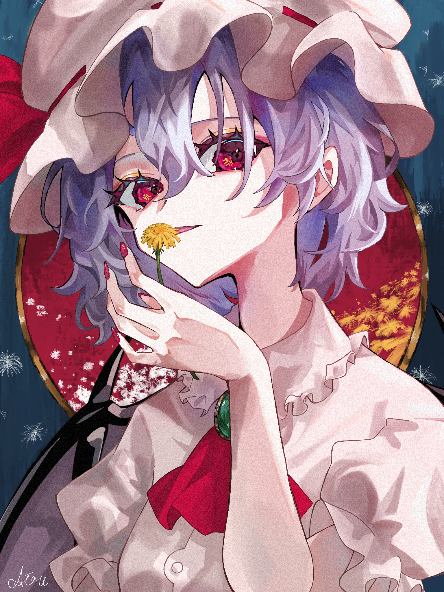 remilia scarlet, touhou, commentary, flower request, highres, 1girl, aira 053, artist name, ascot, bat wings, brooch, dandelion, flower, frilled hat, frilled sleeves, frills, gem, hair between eyes, hat, hat ribbon, holding, holding flower, jewelry, mob cap, nail polish, pink shirt, puffy short sleeves, puffy sleeves, purple hair, red ascot, red eyes, red gemstone, red nails, red ribbon, ribbon, shirt, short hair, short sleeves, signature, solo, white hat, wings, yellow flower