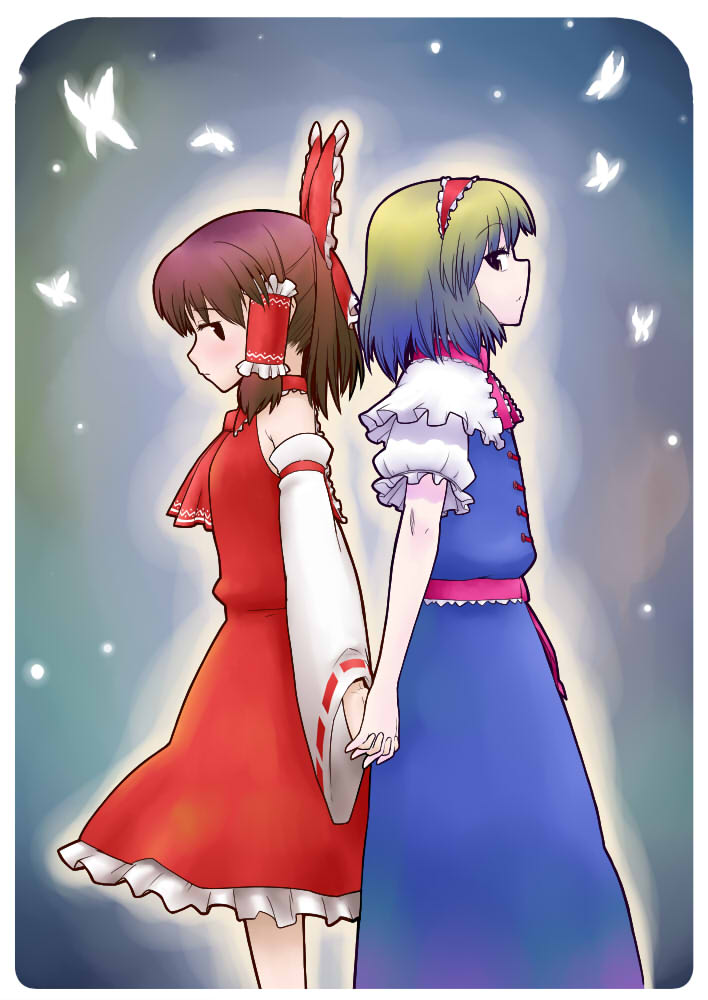 ume (noraneko), alice margatroid, hakurei reimu, touhou, bad id, bad pixiv id, 2girls, back-to-back, blush, bug, butterfly, detached sleeves, female focus, holding hands, multiple girls, ribbon, short hair