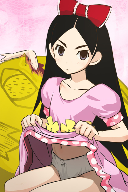 haruyama kazunori, kitsu chiri, sayonara zetsubou sensei, 00s, 1girl, black hair, blood, bow, bow panties, clothes lift, female focus, flower, grey eyes, hair bow, long hair, navel, panties, parted bangs, skirt, skirt lift, solo, underwear, white panties