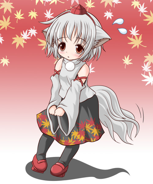 riku (rikkuru), inubashiri momiji, touhou, silver hair, 1girl, aged down, animal ears, detached sleeves, female focus, geta, hat, pigeon-toed, red eyes, short hair, solo, tail, tengu-geta, tokin hat, wolf ears, wolf tail