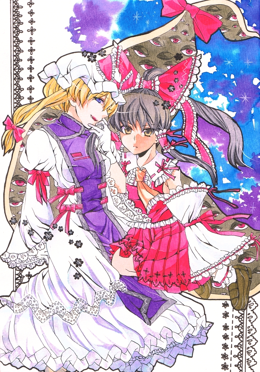 n-mix, hakurei reimu, yakumo yukari, touhou, highres, 2girls, blonde hair, brown hair, female focus, hat, multiple girls, ribbon