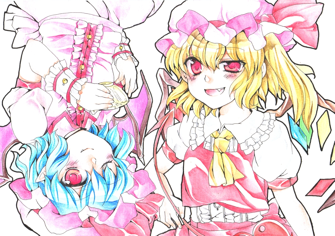 n-mix, flandre scarlet, remilia scarlet, touhou, ballpoint pen (medium), pen (medium), traditional media, watercolor pencil (medium), 2girls, female focus, hat, multiple girls, one eye closed, ribbon, short hair, siblings, sisters, wink