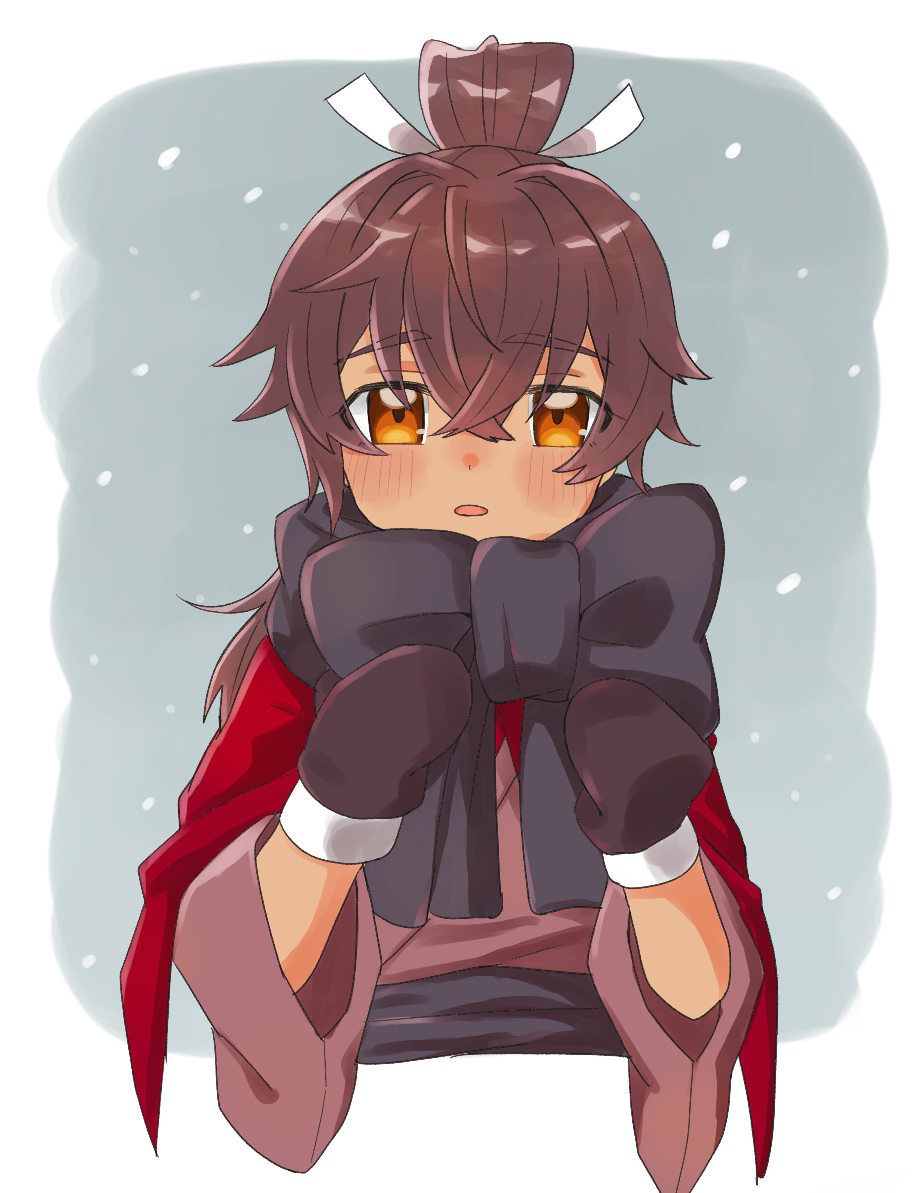 shi yaba yaba, subaru (rune factory), rune factory, rune factory: guardians of azuma, absurdres, highres, 1boy, black scarf, brown hair, hair between eyes, japanese clothes, long hair, looking at viewer, male focus, open mouth, ponytail, scarf