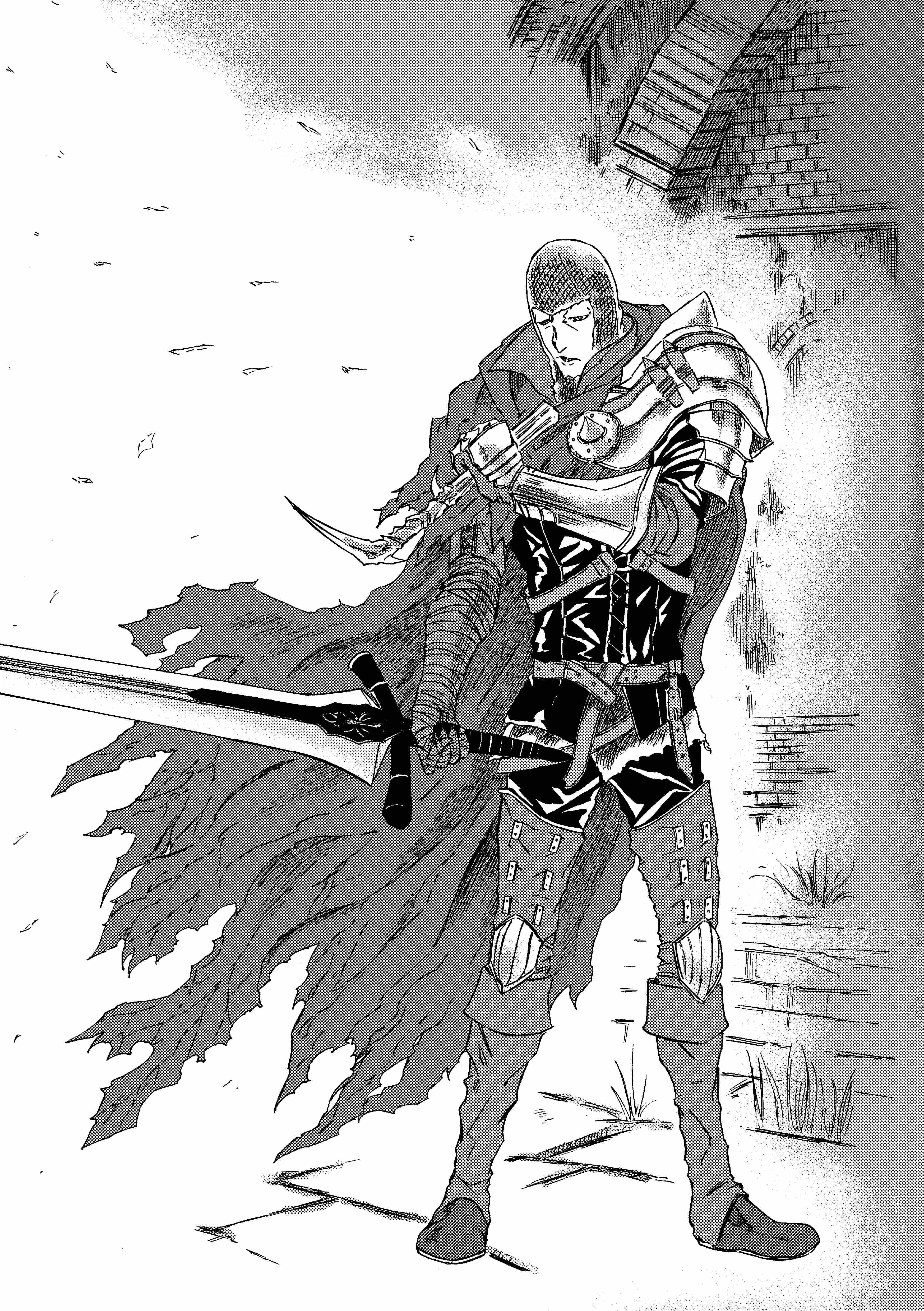 913kousatu, hawkwood (dark souls), dark souls (series), dark souls iii, absurdres, commentary request, highres, 1boy, armor, belt, boots, cape, chainmail, dagger, dual wielding, full body, grass, greyscale, holding, holding dagger, holding knife, holding sword, holding weapon, knife, looking at viewer, male focus, monochrome, open mouth, pauldrons, shirt, shoulder armor, single pauldron, solo, standing, sword, torn cape, torn clothes, weapon, wind