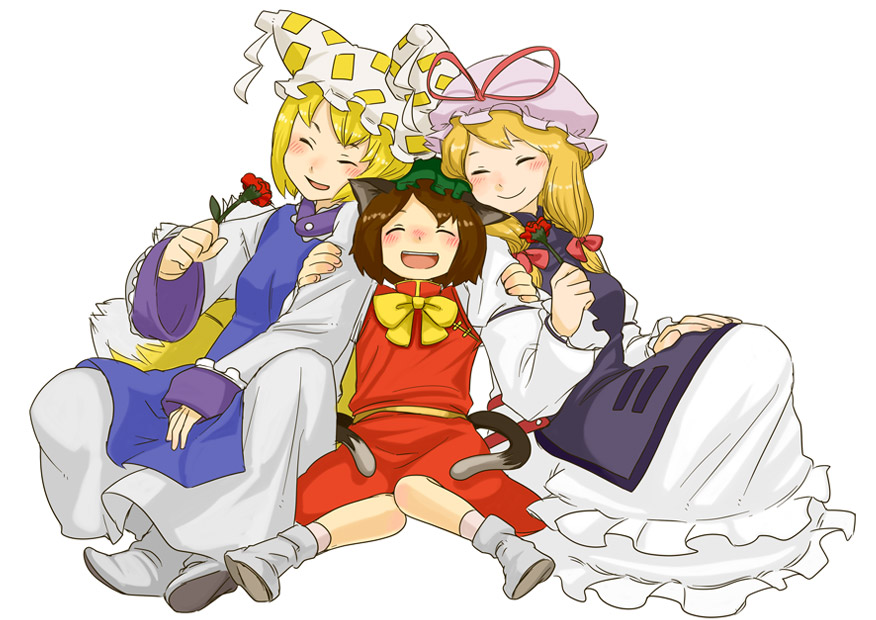 ebi (daidalwave), ebi (pixiv), chen, yakumo ran, yakumo yukari, touhou, bad id, bad pixiv id, 3girls, animal hat, blonde hair, blush, bow, brown hair, closed eyes, female focus, flower, hair bow, happy, hat, hat ribbon, long sleeves, mob cap, multiple girls, ribbon, shoes, short hair, socks, tassel, white background, wide sleeves