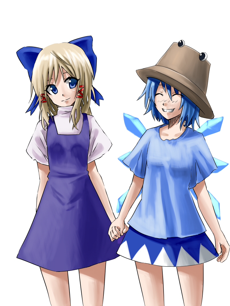 bokuden, cirno, moriya suwako, touhou, 2girls, blonde hair, blue eyes, blue hair, cosplay, costume switch, grin, hat, holding hands, multiple girls, ribbon, smile
