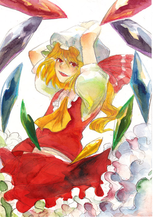 ebi (daidalwave), ebi (pixiv), flandre scarlet, touhou, bad id, bad pixiv id, painting (medium), traditional media, watercolor (medium), 1girl, blonde hair, blouse, female focus, hat, mob cap, ribbon, shirt, solo, white background, white hat, white shirt