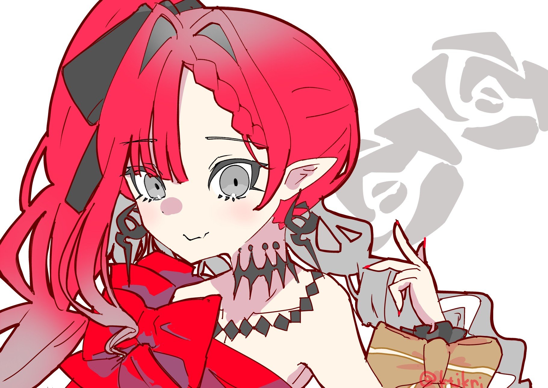 ktjkni, baobhan sith (exhibition attire) (fate), baobhan sith (fate), baobhan sith (swimsuit pretender) (third ascension) (fate), fate/grand order, fate (series), cropped, downscaled, hashtag-only commentary, highres, resized, 1girl, bare shoulders, blush, dress, earrings, fang, grey eyes, hair ribbon, jewelry, long hair, looking at viewer, pink hair, pointy ears, red dress, ribbon, side ponytail, skin fang, smile, solo, upper body, white background