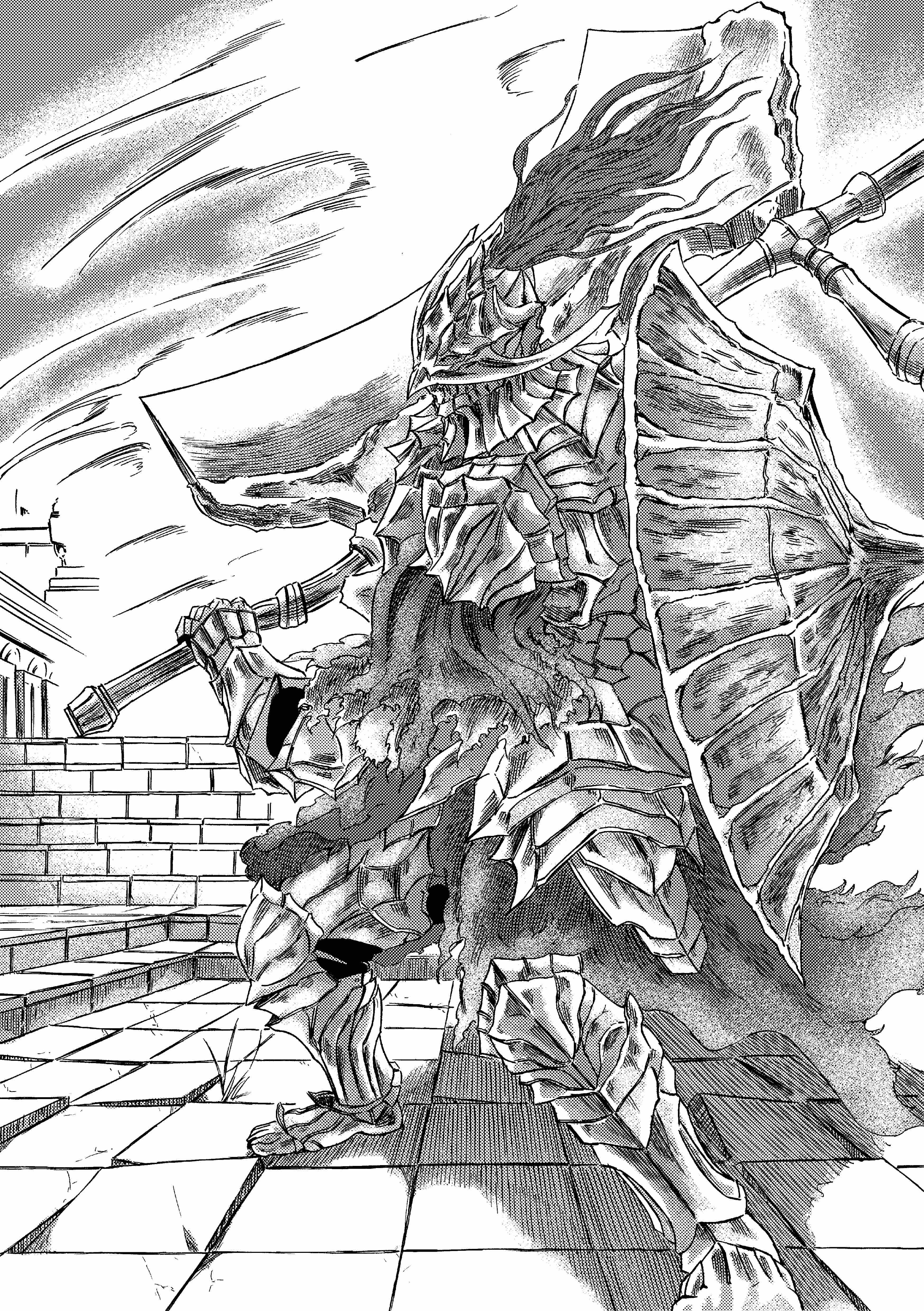 913kousatu, dragonslayer armour, dark souls (series), dark souls iii, absurdres, commentary request, highres, armor, armored boots, axe, boots, breastplate, brick wall, faulds, greyscale, holding, holding axe, holding shield, living armor, monochrome, no humans, outdoors, pauldrons, shield, shoulder armor, sky