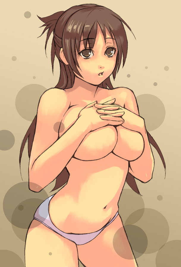 yuuji (and), original, 1girl, breast suppress, breasts, brown eyes, brown hair, covering breasts, covering privates, female focus, large breasts, long hair, navel, own hands clasped, own hands together, panties, solo, topless female, underwear, underwear only