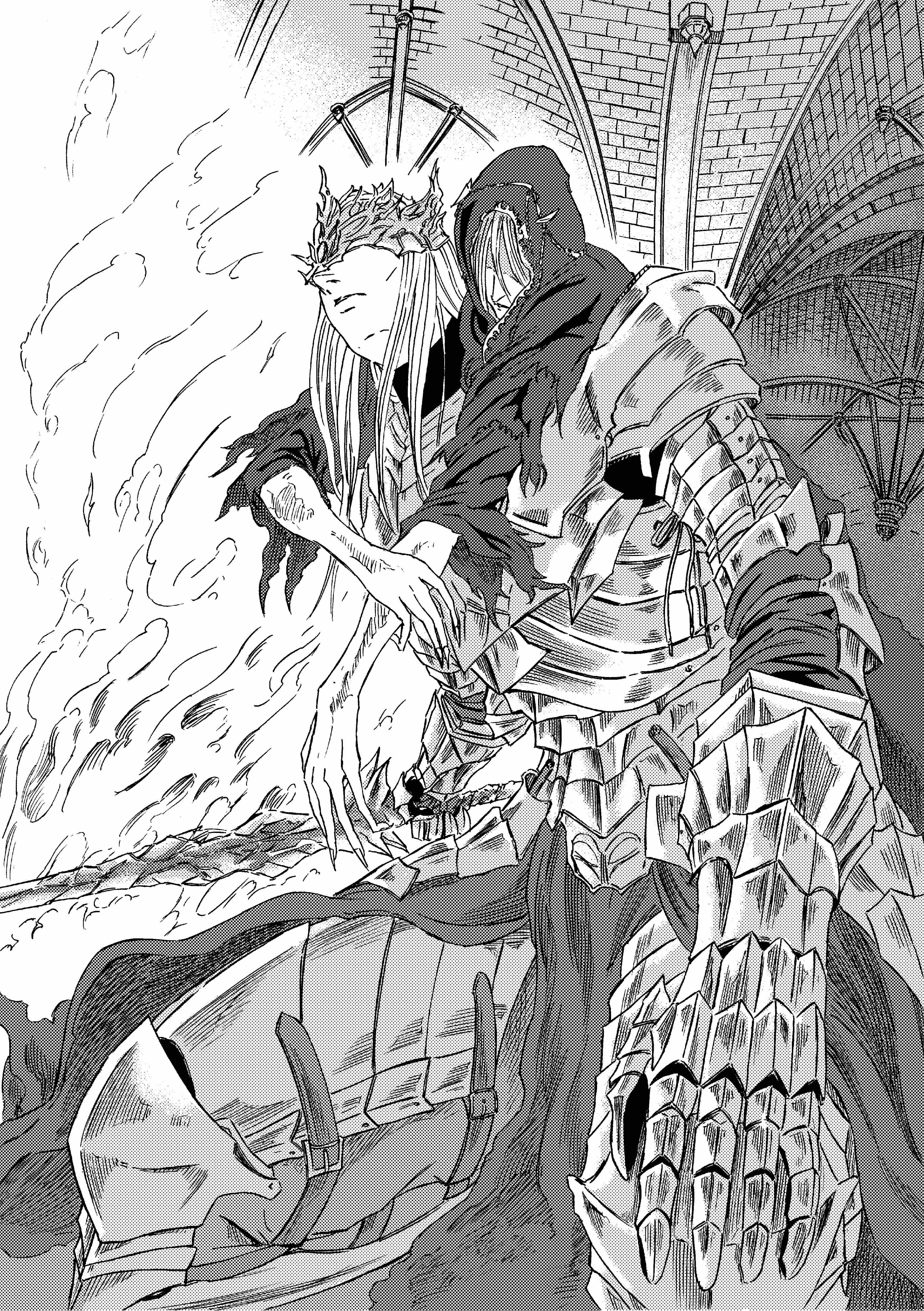 913kousatu, lorian (elder prince), lothric (younger prince), dark souls (series), dark souls iii, absurdres, commentary request, highres, 2boys, armor, armored boots, boots, breastplate, brothers, carrying, cowboy shot, eye mask, fire, flaming sword, flaming weapon, gauntlets, greyscale, indoors, long hair, male focus, mask, monochrome, multiple boys, piggyback, siblings, sword, weapon